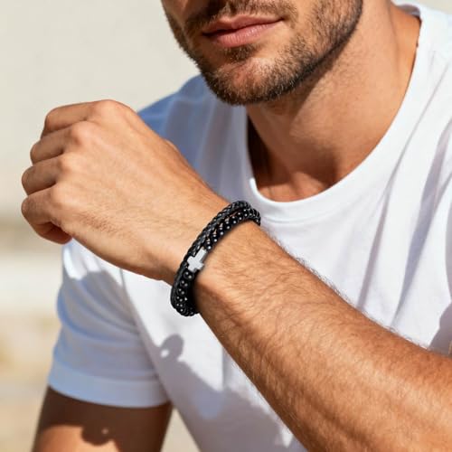 Pulsera de cuero negro con cruz para hombre miniatura 7
