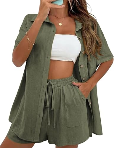QIBABU Women's Linen Shorts Sets 2 Piece Summer Short Sleeve Top and Shorts Sweatsuit Set Vacation Beach Outfits(1521-ArmyGreen-M-QB)