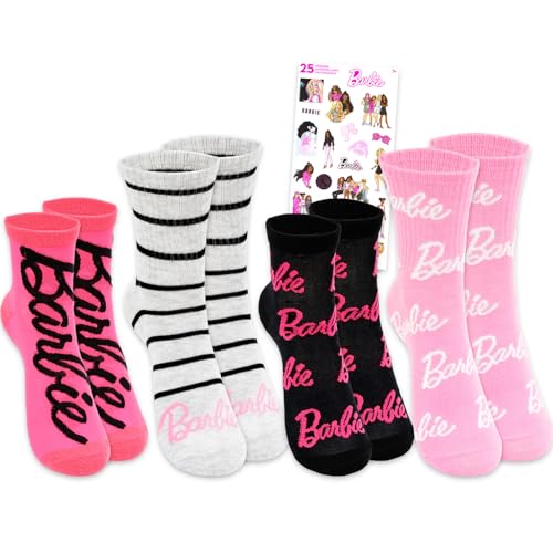 Barbie Socks for Women Set - Bundle with 4 Pairs of Crew Socks Size 4-10 Adults Plus Stickers | Barbie Apparel for Teens Girls