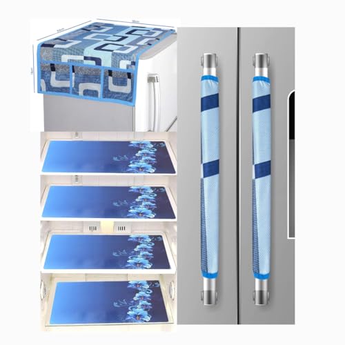 Image of Grisha Polyester Home Combo of Kitchen Combo Fridge Top Cover(53 x 99 cm), Fridge Handle Covers (15 x 30 cm )+ 4 Fridge Mats (30 x 45 cm), 7 Piece Set (Bluebox Combo)