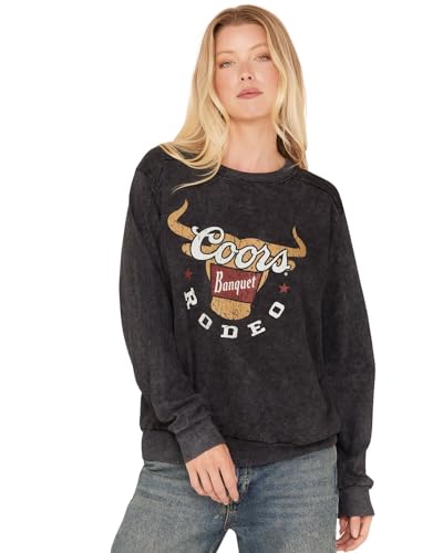 Coors Banquet Rodeo Long Horns Logo Black Mineral Wash Women's Crew Sweatshirt