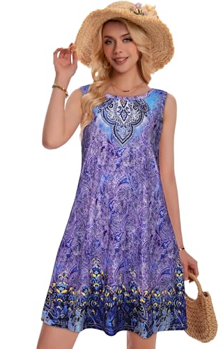 Image of Summer Dresses for Women Beach Boho Sleeveless Vintage Floral Flowy Pocket Tshirt Tank Sundresses 2026