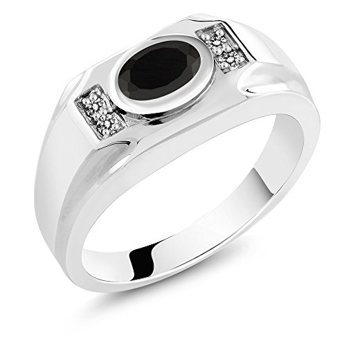 Gem Stone King Men's 925 Sterling Silver Black Onyx and White Diamond Ring (1.22 Cttw, Gemstone December Birthstone, Oval 8X6MM, Available In Size 7, 8, 9, 10, 11, 12, 13)