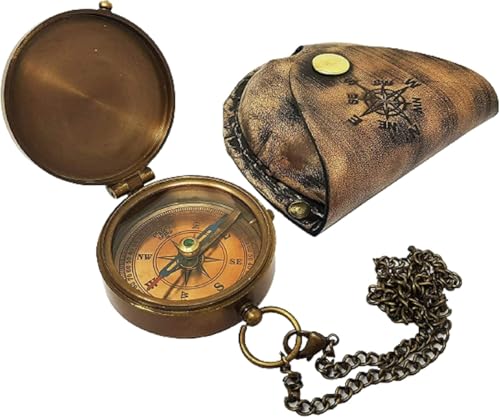 Brújula de bolsillo náutica de latón antiguo con estuche de cuero para camping y senderismo miniatura 1
