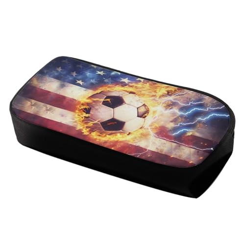 Image of Fire Football Pattern Pencil Case School Supplies for Boys Girl American Flag Storage Bag