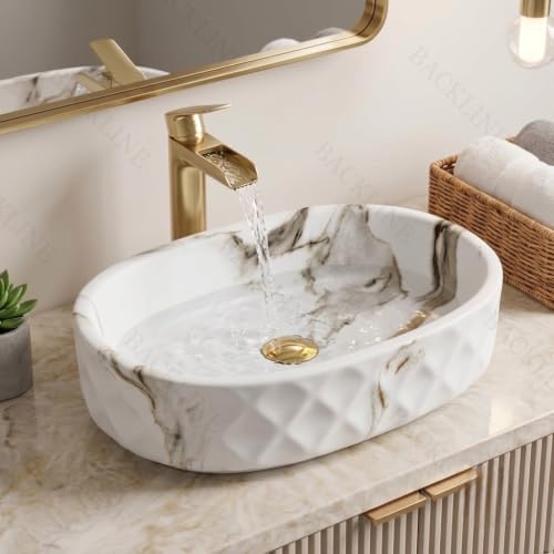 Image of Backline Ceramic Table Top Wash Basin 50 x 32 x 14 cm | White Matt Finish Counter Top Bathroom Sink | Premium Above Counter Wash Basin | Modern Oval Designer Basin