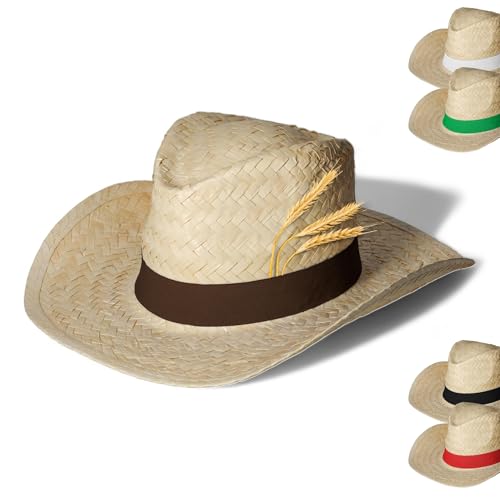 Strohhut 'Texas' Unisex - Vielseitiger Sonnenhut für Damen und Herren - stylischer Cowboyhut mit Klettverschlussband als Hingucker - Perfekt für Garten, Strand und Urlaub, Farbe:natur/braun