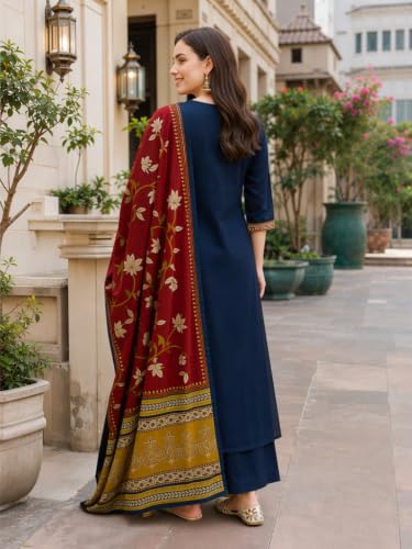 Image of BHARVITA Women's Cotton Embroidered Anarkali Kurta and Palazzo with Dupatta Set