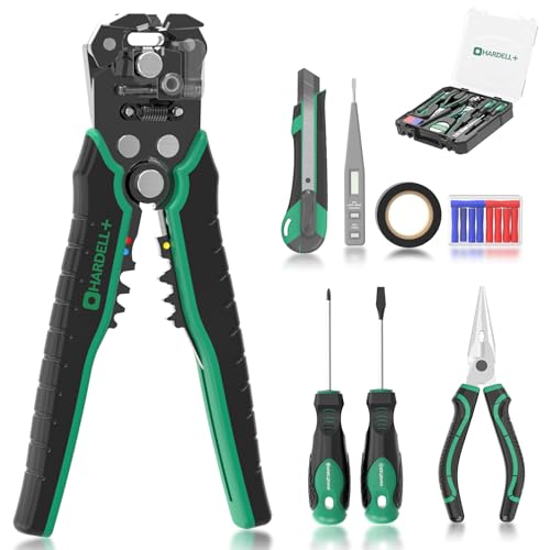 Image of HARDELL+ Wire Stripper, Self-Adjusting Wire Stripping Tool with 27 Universal Accessories, 3 in 1 Stripper /Cutter /Crimping Tool for Electronics Projects /DIY /Home Repairs (10-24 AWG)-8-IN-1