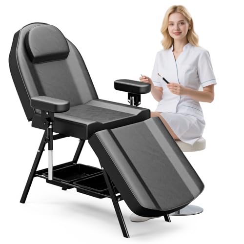 ONPNO Salon Tattoo Bed with Rotatable Armrests Adjustable 3-Section Beauty Table with Storage Shelves Professional Massage Chair Facial Lash Bed for Client/Esthetician (Blcak)