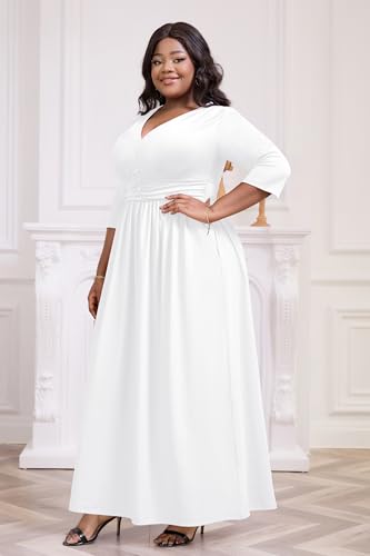 Image of Runwind Plus Size Maxi Dress 3 /4 Sleeve V-Neck Pleated Faux Buttons Pockets | Plus size dress for wedding guest work church, pleated front faux buttons, flowy maxi dress enhances elegance