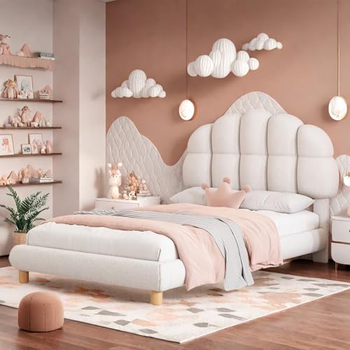 FEEOHOME lit Enfant Fille 90 x 200 cm, lit Simple rembourré avec sommier à Lattes, Lit de Princesse avec tête de lit à pétales, Tissu de Velours, sans...
