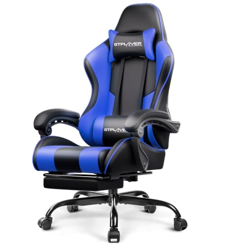 Image of GTPLAYER Gaming Chair, Computer Chair with Footrest and Lumbar Support, Height Adjustable Game Chair with 360-Swivel Seat and Headrest and for Office or Gaming (Faux Leather, Blue)
