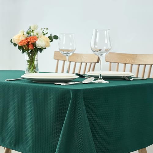 Image of maxmill Rectangle Christmas Tablecloth Weaved Texture Waterproof Spillproof Wrinkle Free Table Cloth, Kitchen Dining Room Decoration, Holiday Party, Banquet Event Dinner, 52 x 70 Inch, Hunter Green