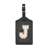 Initial Luggage Tag, PU Leather Luggage Tag, Embroidered Luggage Tag, Letter Luggage Tag, Monogrammed Luggage Tag, Luggage Tag for Baggage Bag Suitcase (J, Black Leather+White Letter)