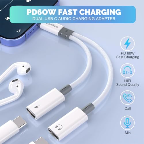 Image of Verilux 2 in 1 Type C to Type C Audio & Charging Connector, PD 60W USB C to C Cable Fast Charging with Simultaneous Wired Headphone Connection for iPhone 17 /16 /15, Galaxy S25 /S24, White