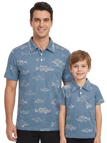Unique Baby Boys Daddy and Me Matching Fish Pattern Polo Shirt (Lrg Blue)
