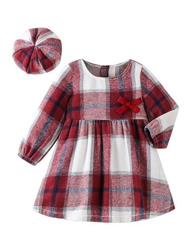 AWIBMK Girls Long Sleeve Plaid Christmas Dress with Beret Hat Vintage A-line Swing Fall Winter Dress