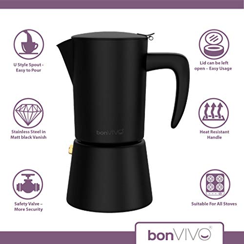 bonVIVO Intenca Stovetop Espresso Maker - Luxurious Italian Coffee Machine Maker, Stainless Steel Espresso Maker Full Bodied Coffee, Espresso Pot For 5-6 Cups, 10 oz Moka Pot Black Finish - Thumbnail 4