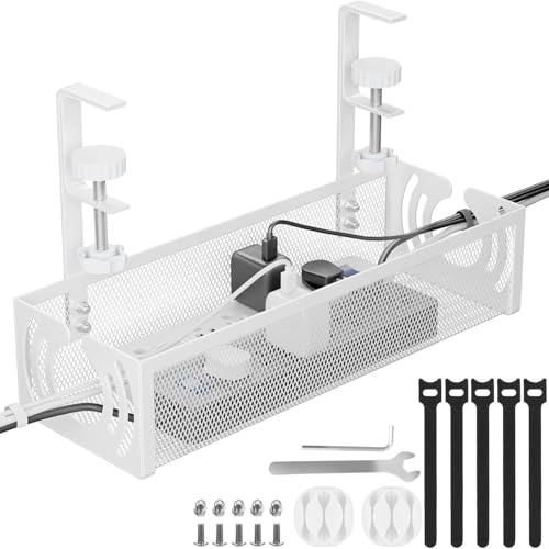 Cable Management, 39CM Long Under Desk Cable Management No Drill, Metal Cable Tidy with Clamp for Standing Desk, Cable Organiser for Home Office, White Cable Management, 39CM Long Under Desk Cable Management No Drill, Metal Cable Tidy with Clamp for Standing Desk, Cable Organiser for Home Office, White