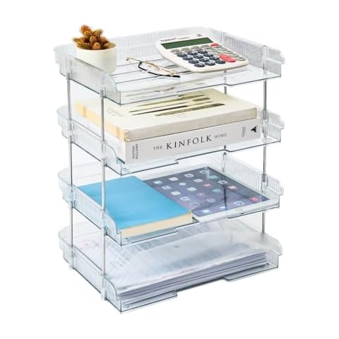 LUFOFOX Clear Desk Organizer, 4-Tier PET File Organizer, Stackable Paper Letter Tray Organizer for Office Supplies, File Paper, Letter, A4 Office File, Books， Document, Paper Folder (4-Tier) Cover
