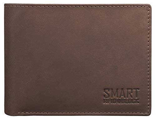 Koruma Cartera para Hombre - Monedero con Bloqueo de RFID Cuero para Tarjetas y Bolsillo Frontal con Botón para Monedas - Marrón, Negro (Marrón - sin Cierre de botón)