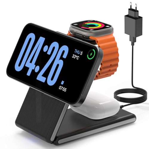 CIYOYO 3-in-1 Kabellose Ladestation, Faltbare Mag Safe Ladegerät für iPhone 16/15/14 Pro Max/Plus, Wireless Charger Stand für Apple Watch10/9/8/7/6/5/Ultra, für AirPods 4/3/2/ Pro, mit Adapter