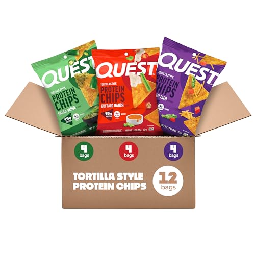 Image of Quest Nutrition Game Day Tortilla Style Protein Chips Variety Pack, Buffalo Ranch x4, Salsa Verde x4, Loaded Taco x4, 1.1 oz (Pack of 12)