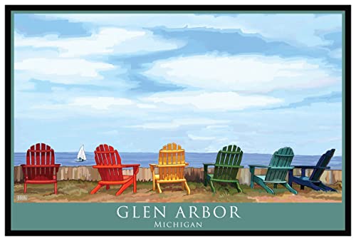 Glen Arbor Michigan Rainbow Adirondack Chairs Sailboat Giclee Art Print Poster from Alla Prima Painting by Artist Joanne Kollman 12" x 18"