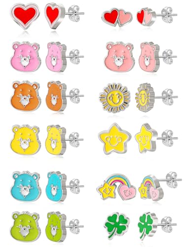 SALLY ROSE Care Bears Stud Earrings Set of 12 Official License, Fashion Enamel Care Bears Earrings 12-Pack, Care Bears Gift, 12 Pair, SH01235RL.NJ