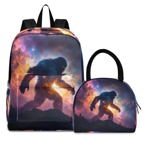 Universe Sasquatch Print Backpack Set with Lunch Bag, Large Capacity Travel Backpacks and Lunch Box Insulated for Commute Hiking Picnic