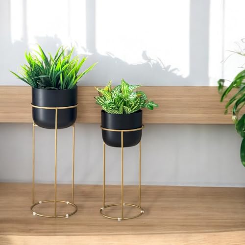 Image of Decorative Black Planters with Gold Stands for Indoor Plants | Metal Planters for Living Room Bedroom Balcony Home and Office | Set of 2