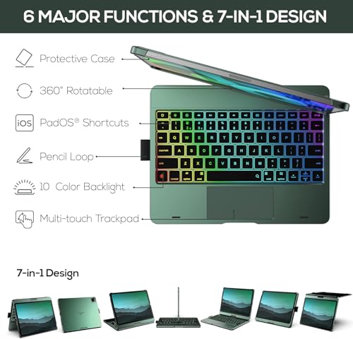 Image of typecase Touch Keyboard for iPad Air 11 (M4 /M3 /M2,2026 /2025 /2024)Air 5th /4th & Pro 11(4th /3rd /2nd /1st) Trackpad,11-Color Backlit,360Rotatable,Pencil Holder(Not for A16 /10th /Pro 11-M5 /M4)-Mid.Green'26