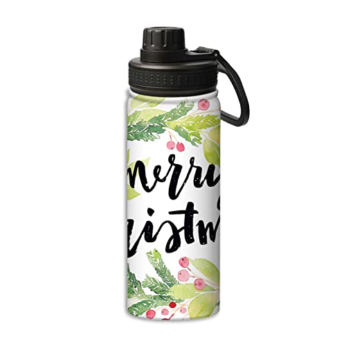 Christmas Insulated Water Bottle,Christmas Wreath And Hand Lettering Mistletoe, 18 Oz Stainless Steel Double Wall Vacuum Wide Mouth Sport Bottle With Leakproof Spout Lid,White And Black #TOP23