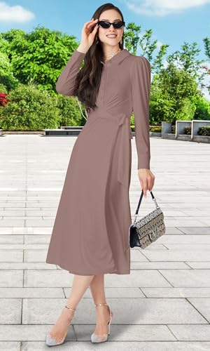 Image of KOH KOH Womens Long Sleeve Flowy Wrap Collar Fall Modest Office Midi Dress