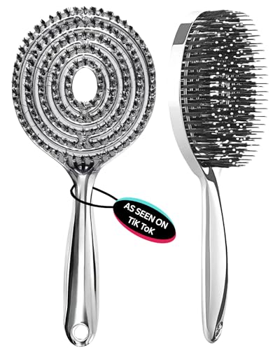 Cepillo de pelo desenredante ventilado con cerdas de jabalí para cabello húmedo o seco, antiencrespamiento, cepillo de masaje en espiral para cabello grueso, fino, largo y liso (cromo plateado)