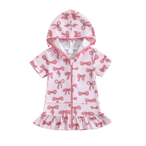 Image of Girls Terry Cloth Swim Cover Up Zip Up Hooded Bathing Suit Coverup Wraps Rufled Kids Pool Beach Robe Cover-Up Dress