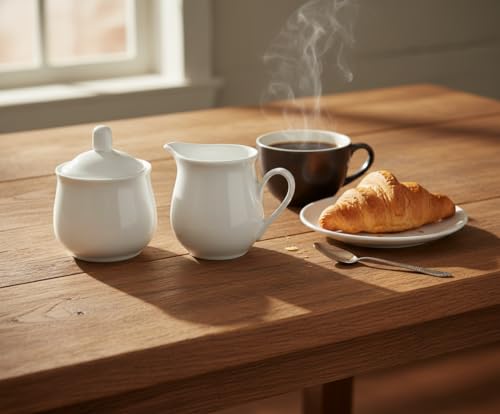 Provance 3-teilig Porzellan Milch und Zucker Set mit Deckel, Milchkännchen Zuckerdose Milch- & Zuckerbehälter Küchenhelfer Küchenutensilien Gedeckter Tisch