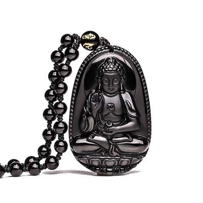 Yellow Chimes Exclusive DVine Collection Natural Black Obsidian Hand-Carved Healing Beads Natural Stones Reiki Buddha Long Pendant Necklace Men and Women
