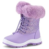 K KomForme Girls Glitter Snow Boots Kids Bungee Lacing Warm Faux Fur-Lined Anti-Slip Outdoor Winter Shoes Purple Little Kid 11M