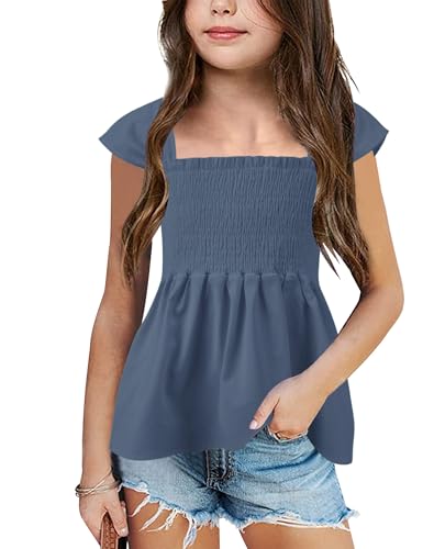 Image of Bingerlily Girls Summer Casual Tops Square Neck T Shirts Cute Smocked Top Tees