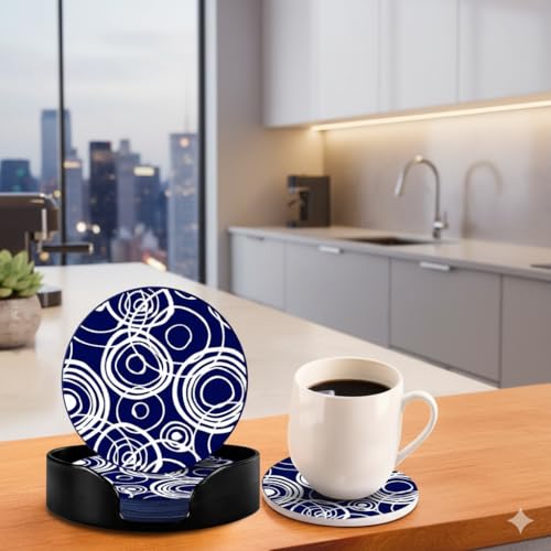 Image of The Better Home Silicone Coaster Set Of 6(Dia- 10cm) With Plastic Holder|Dining Table Accessories for Home Decoration| Glasses /Coffee Mugs /Tea Coaster Set|Kitty Party Return Gifts for Women-Navy White