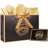 12.6'' Birthday Gift Bag with Gift Card Ribbon Tissue Paper for Men Women's Birthday (Black)