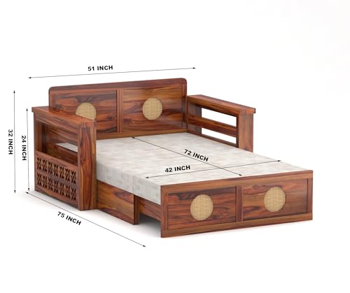Image of ALATERRE HOME FURNITURE Solid Sheesham Wood Two Seater Sofa Cums Bed with Cane Design Panels | 2-in-1 Wooden Daybed with Cushion & Storage Drawers (Honey Finish)