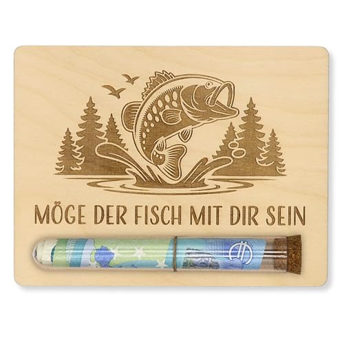 ZUKLA Verpackung für Geldgeschenke Fisch - 13 x 10 cm - mit Reagenzglas - Geschenk für Angler - Geldgeschenk Verpackung Holz - Geschenkgutschein