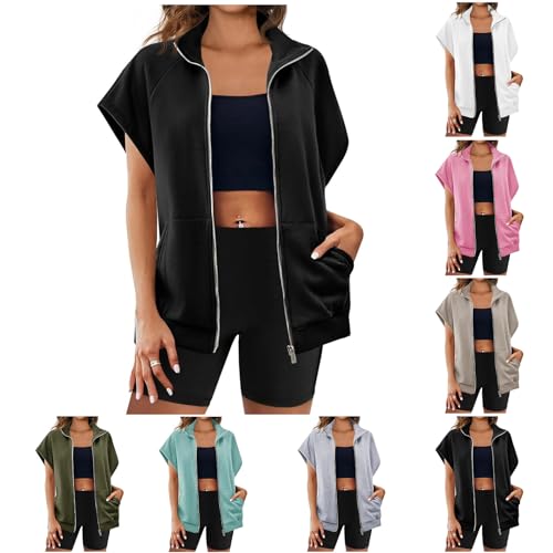 Womens Oversized Zip Up Sweatshirts Short Sleeve Hoodie Lightweight Jackets Vest Summer Lightweight Coat Tops4