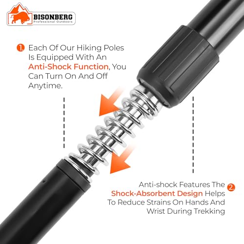 Image of BISONBERG Aluminum Trekking Pole, 65-130 cm Adjustable Height, Collapsible, Lightweight, Anti Shock, Multicolour, Hiking or Walking Sticks with in-Build Compass