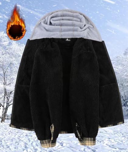 ZITY Men's Full Zip Fleece Flannel Jackets Sherpa Lined Plaid Shirts Hoodie Thick Warm Coat3