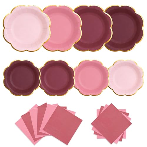 Burgundy Plates and Napkins Party Supplies for 20 Guests Maroon Scalloped Mothers Day Paper Plates with Gold Rim Elegant Disposable Tableware Set for Party Birthday Bridal & Tea Party 60 PCS