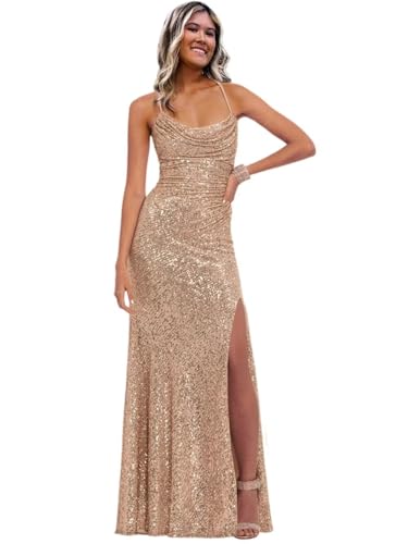 Image of Stylefun Women's Halter Mermaid Prom Dresses with Slit Long Sequin Formal Cocktail Party Dress STN027